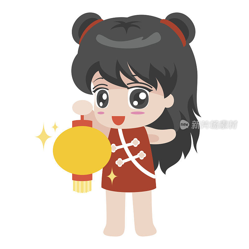 卡通中国女孩拿着灯笼