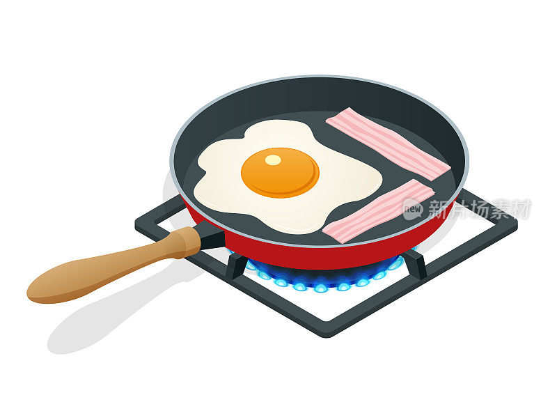 煎锅中的等距煎蛋和培根。早餐孤立的白色背景。