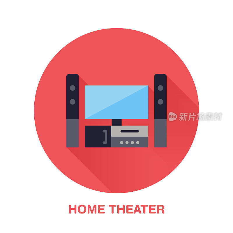 黑色娱乐系统与黑屏平面风格图标。无线技术，家庭影院标志。矢量插图的设备为电子商店
