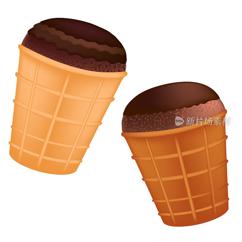 华夫饼杯装的冰淇淋。巧克力冰淇淋加坚果。冰淇淋焦糖奶油淋上巧克力。巧克力冰淇淋。向量。