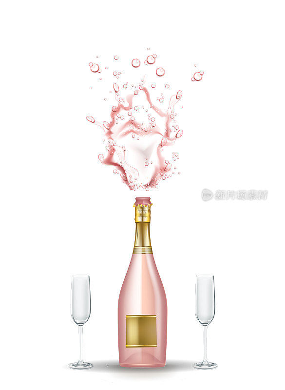矢量现实粉红香槟爆炸，眼镜