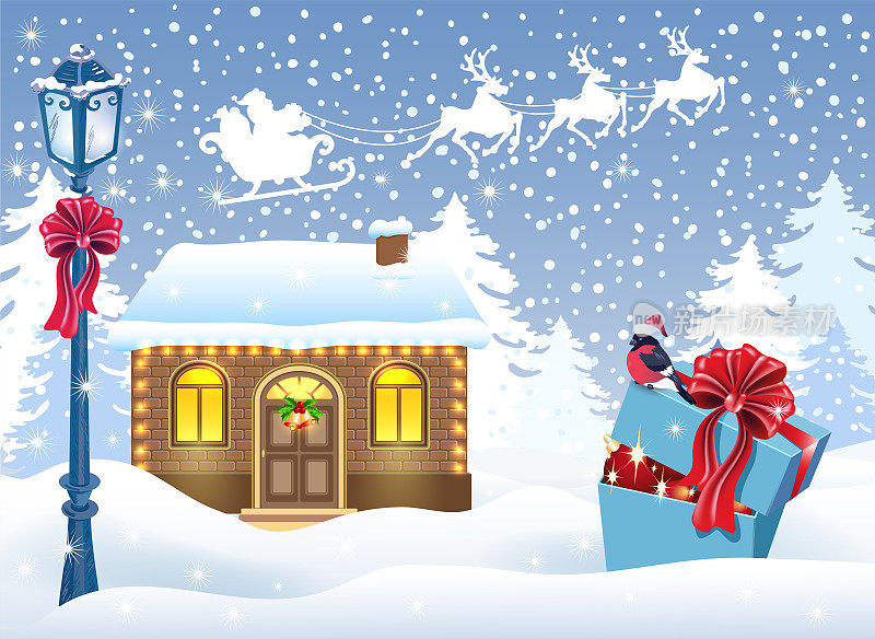 圣诞贺卡与圣诞老人的车间和礼物盒在冬季森林的背景和圣诞老人在雪橇与驯鹿队