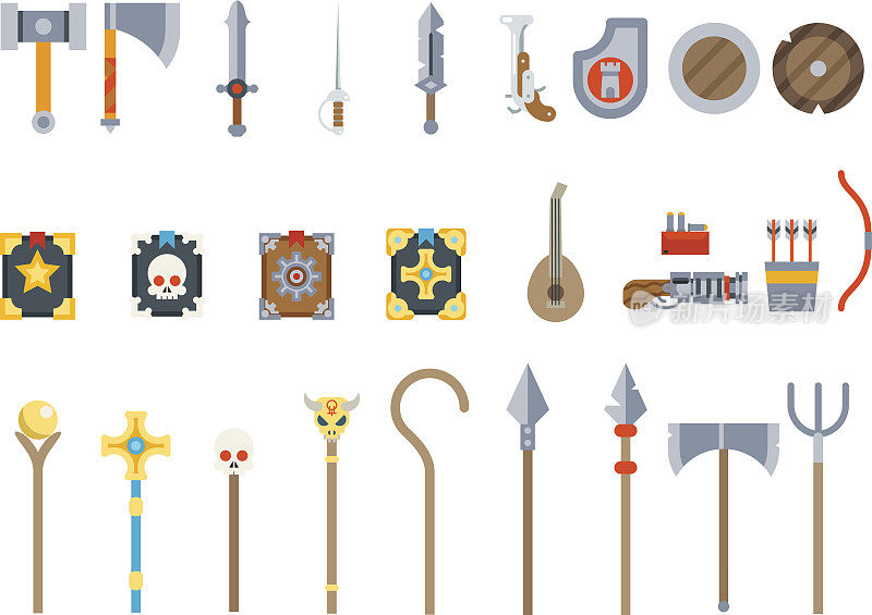 中世纪游戏武器设置幻想RPG矢量孤立图标平面设计矢量插图