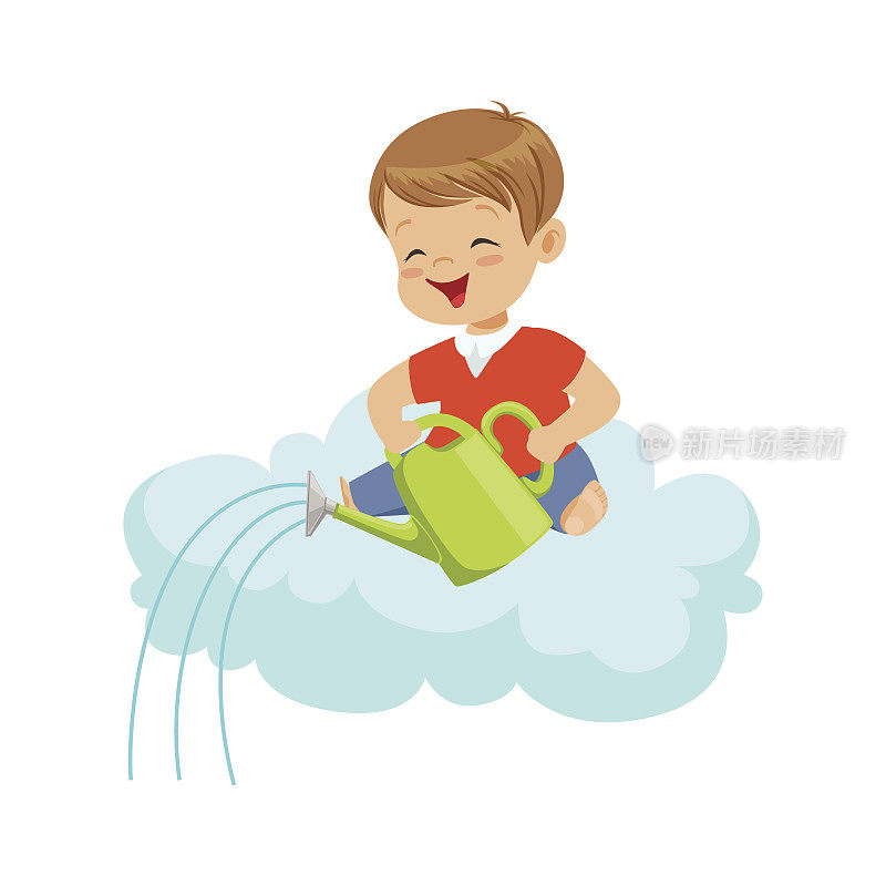 快乐微笑的小男孩一边倒水一边坐在云端，孩子们的想象力和梦想矢量插图