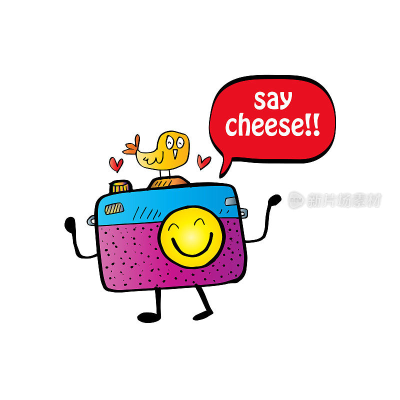 说奶酪文字气球和可爱的卡通相机