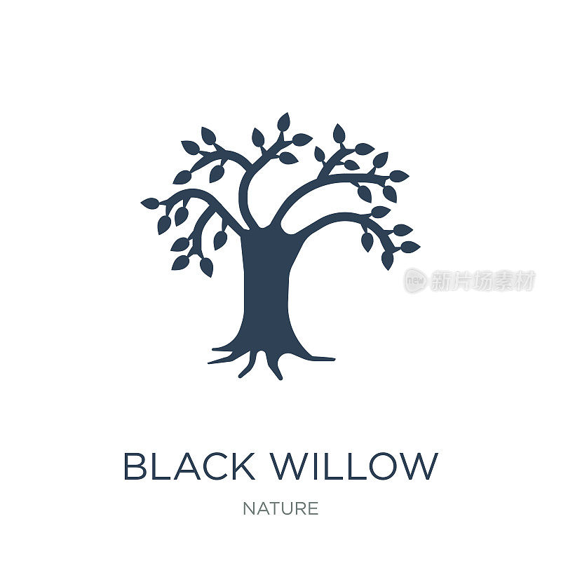 黑色柳树图标向量上的白色背景，黑色柳树趋势
