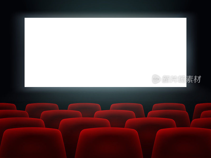 有白色空白屏幕和红色排的电影院大厅电影院电影院座位。