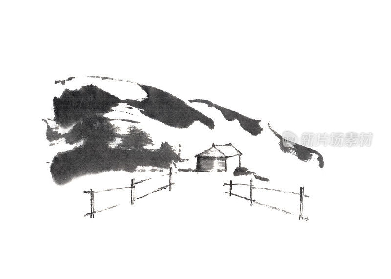 屋在冬山原日式的sumi-e水墨画。