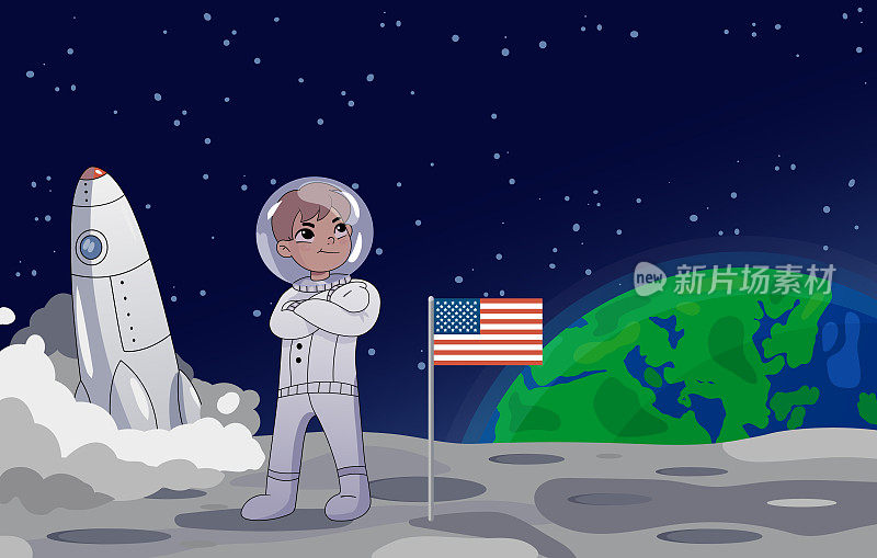 美国宇航员站在月球上，旁边是美国国旗，背景是一枚火箭。地球在背景中升起。卡通风格。向量
