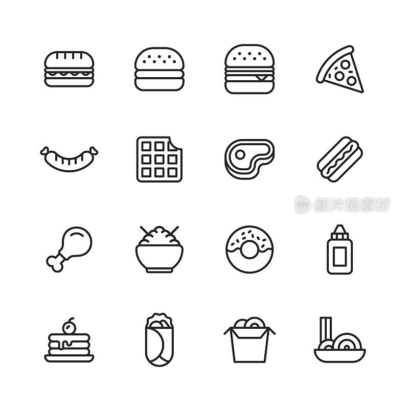 快餐系列的图标。可编辑的中风。像素完美。移动和网络。包含快餐，吃，餐厅，饮料，甜甜圈，汉堡，披萨，华夫饼，热狗，意大利面等图标。