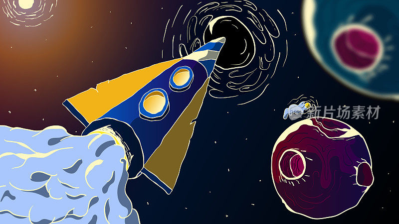 未来宇宙手绘插图-火箭在一个黑洞飞行。