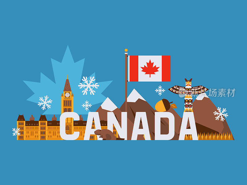 加拿大的主要旅游标志，矢量插图。加拿大国旗上有红色的枫叶，群山，图腾柱，渥太华的国会大厦。平面拼贴风格