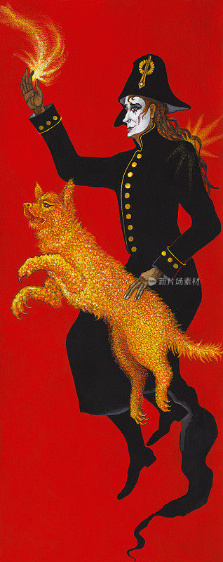 时尚的插画艺术作品寓言童话幻想超现实主义油画象征性的垂直肖像人物花衣人穿着黑色的外套靴子帽子装饰和白色的戏剧化妆与一只仙女狗在一个红色的背景