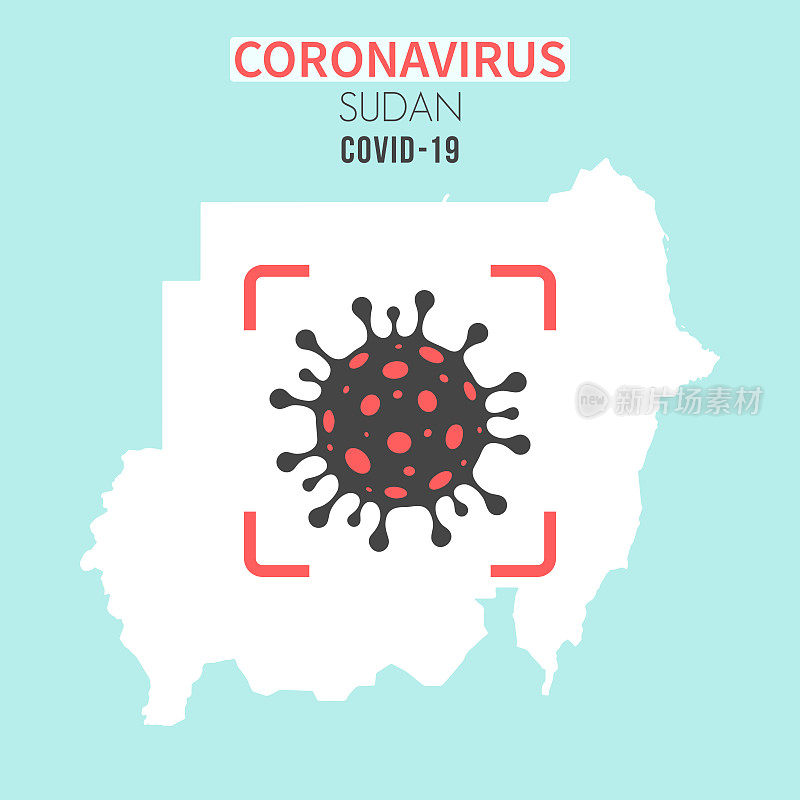 苏丹地图，红色取景器显示冠状病毒(COVID-19)细胞
