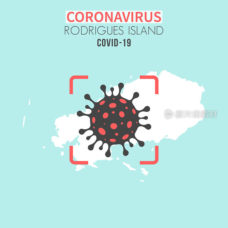 罗德里格斯岛地图，红色取景器显示冠状病毒细胞(COVID-19)