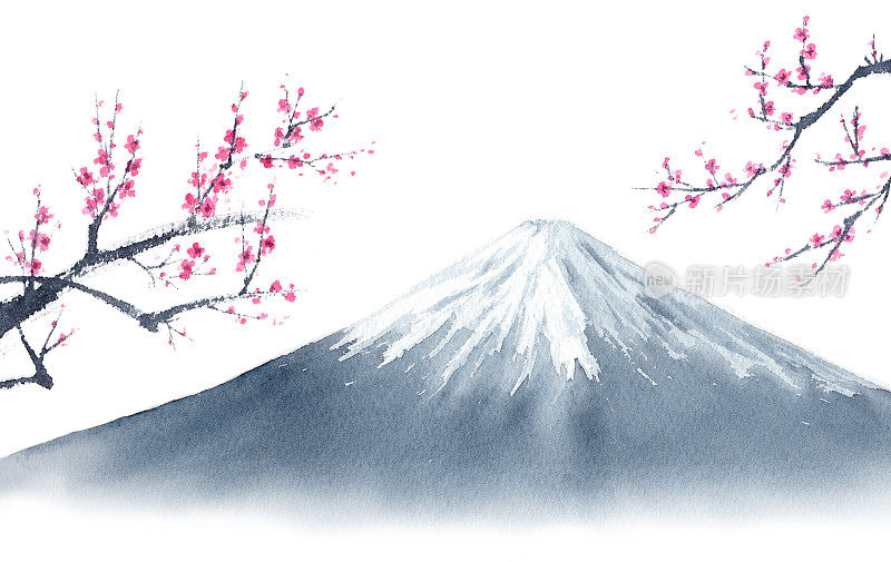 伏子山、樱花水墨画。