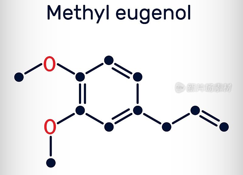 甲基丁香酚，烯丙基藜芦醇，甲基丁香酚分子。它是苯丙烯，苯丙醇的一种。在啮齿动物中用作调味剂、香精、麻醉剂。骨骼的化学公式