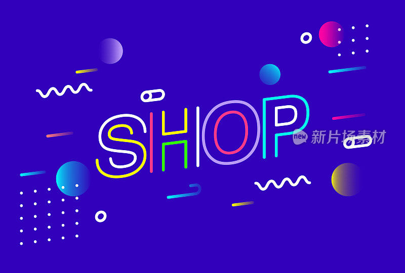 SHOP刻字创意设计在孟菲斯风格矢量插图