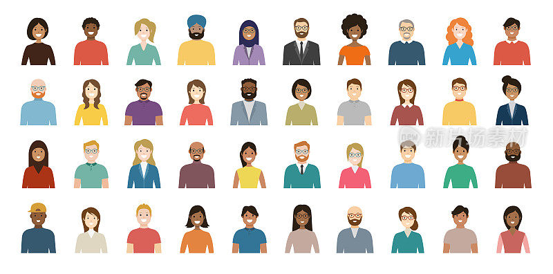 人阿凡达图标集-个人资料多样化的脸为社会网络-向量抽象插图