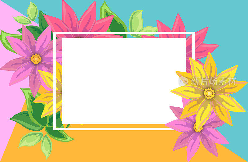 白色框架的春季卡片。春季植物、叶、花装饰。