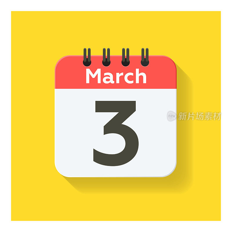 3月3日-日日历图标在平面设计风格。黄色背景。