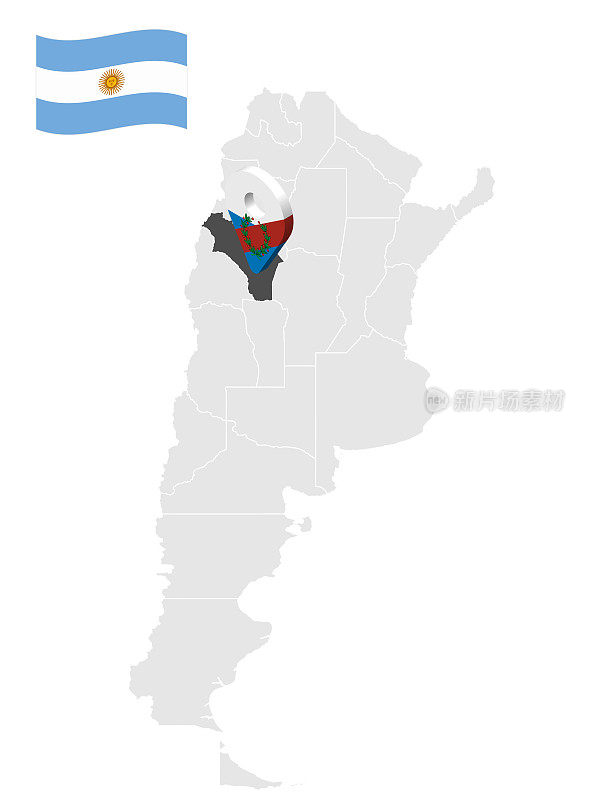 阿根廷地图上的拉里奥哈省位置。与拉里奥哈旗相似的3d位置标志。质量地图与省的阿根廷为您的设计。EPS10