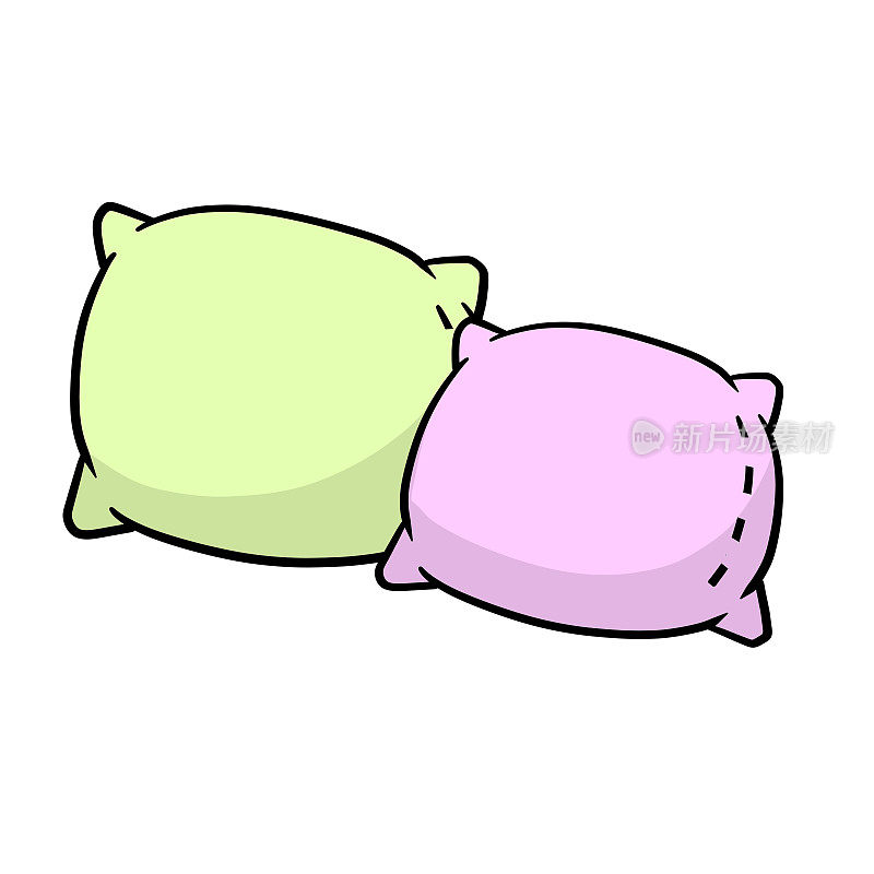 的枕头。大大小小的物体。卡通平面插图。绿色和粉红色的软垫。卧室和床的睡眠元素