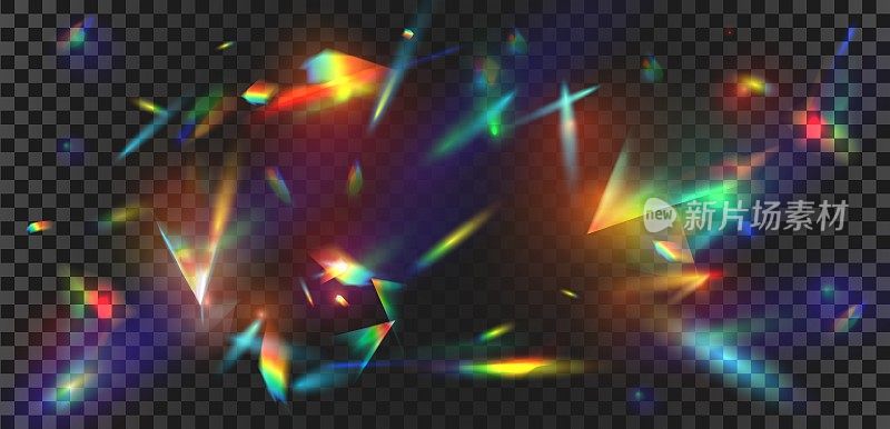 摘要棱镜光线反射与彩虹耀斑背景。水晶闪光爆发，钻石折射射线。彩虹色辉光矢量效应