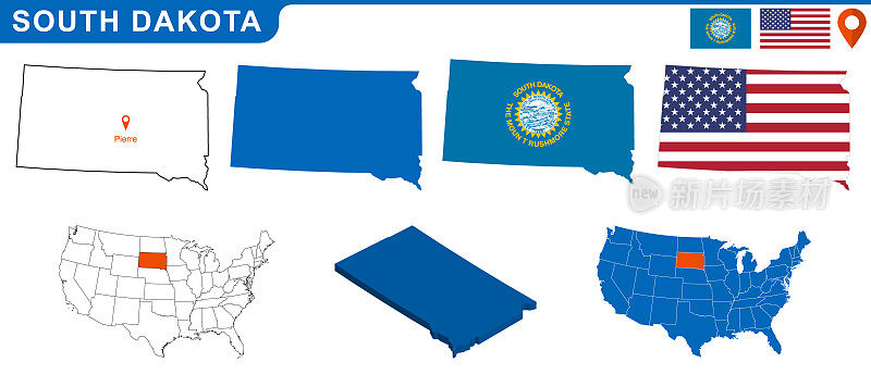 美国南达科他州的地图和旗帜。