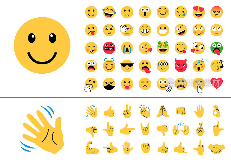 Emoji图标集。表情符号。的手。colllection微笑。的情绪。有趣的卡通。的手势。社交媒体。微笑，哭泣，悲伤，生气，快乐，你好，喜欢，握手，等等