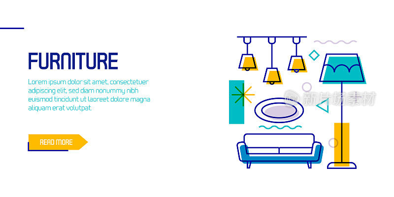 家具相关设计元素。带有轮廓图标的图案设计。色彩斑斓的矢量图