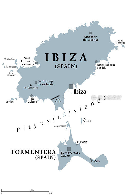 西班牙伊比沙岛和福门特拉岛，灰色政治地图，Pityusic群岛