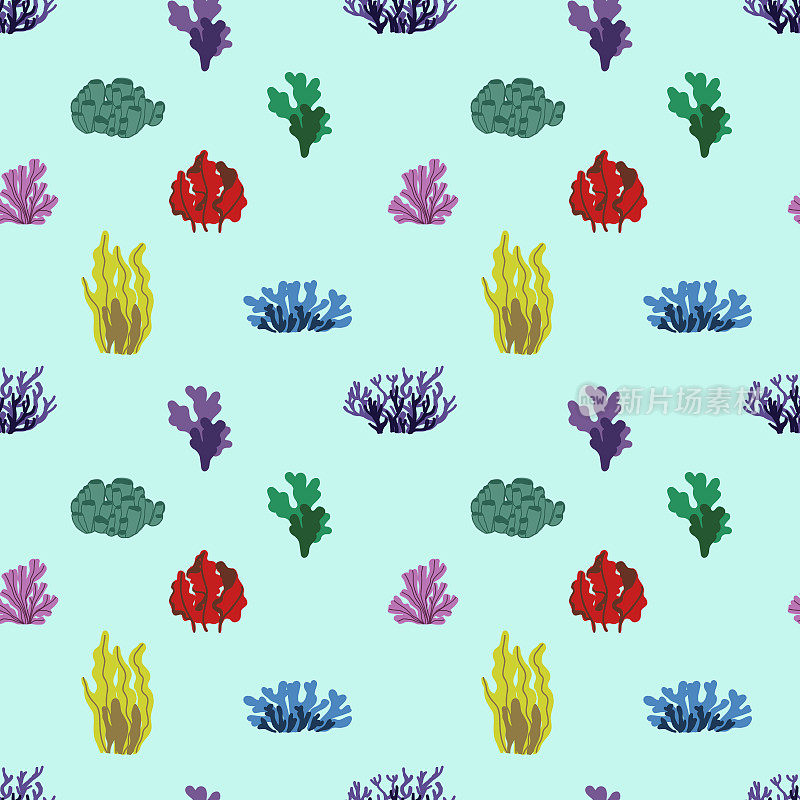 矢量无缝模式水下主题在深蓝色的背景。水下动物和植物。