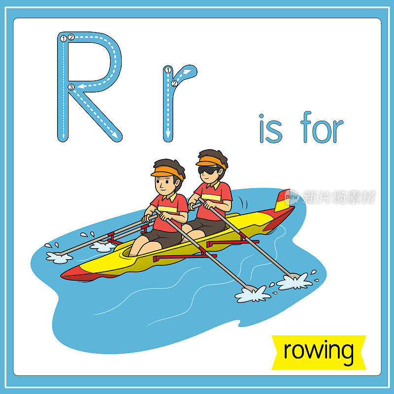 矢量插图学习字母为儿童与卡通形象。字母R代表划船。