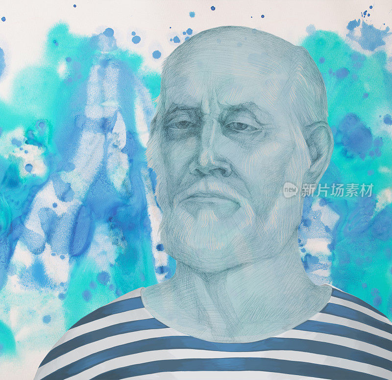 插画画与水彩肖像水手老人在水手服装的水滴和流动的海水在蓝色的阴影背景