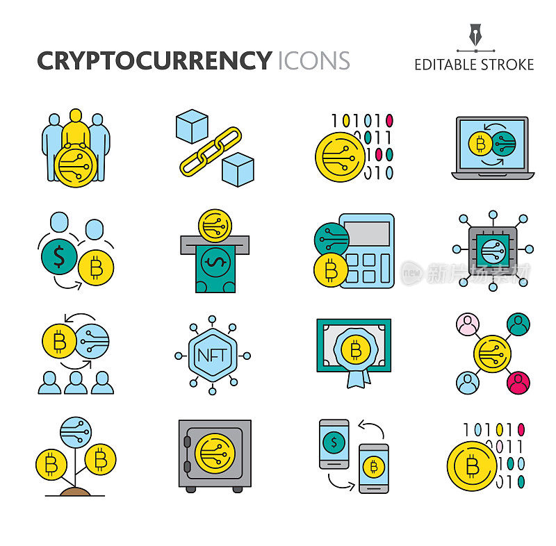 比特币和加密货币概念图标集哈希和加密，区块链，挖矿，生产，投资，加密货币和NFT可编辑笔画的交换