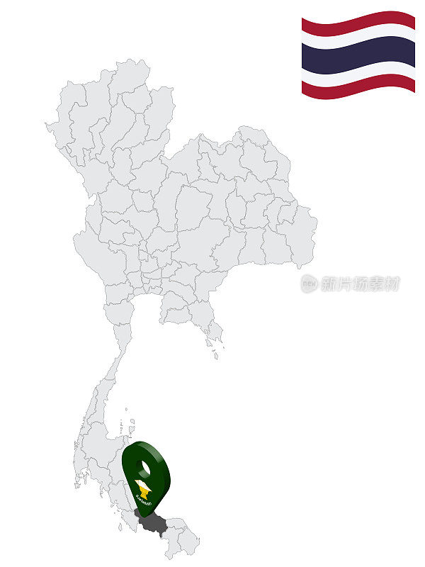 泰国地图上宋卡省的位置。3d宋卡旗地图标记位置针。品质地图与泰国省为您的网站设计，应用程序，UI。EPS10。