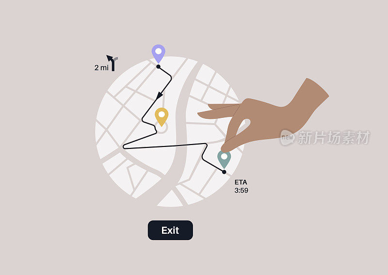 一只手在城市地图上放置地理标签，在线导航