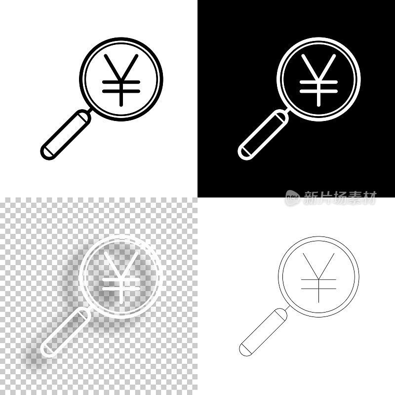 放大镜上有印字。图标设计。空白，白色和黑色背景-线图标