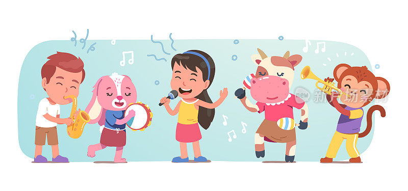 儿童和动物乐队演奏乐器唱歌。可爱的幻想音乐会。滑稽牛、猴、兔音乐家服装表演音乐会晚会表演。平面矢量卡通人物