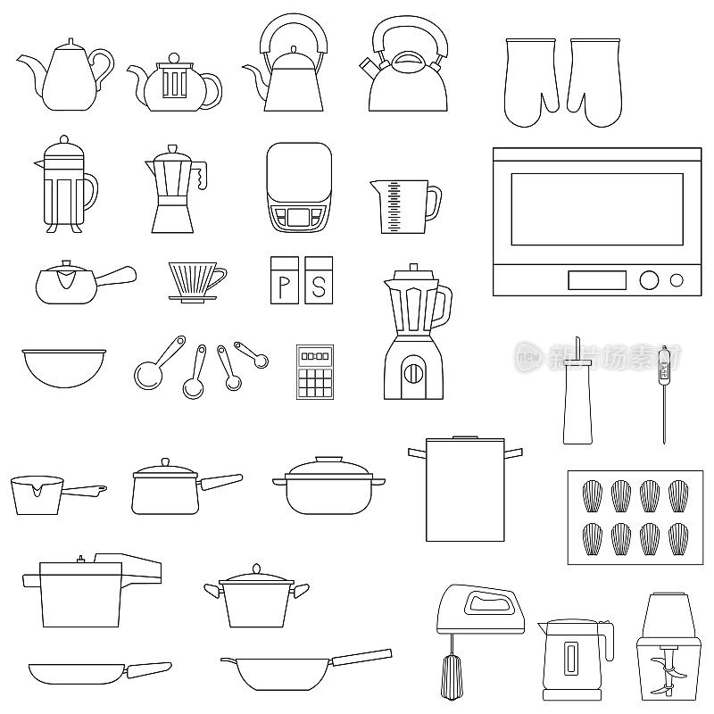 线条画图标的厨房用具插图。
