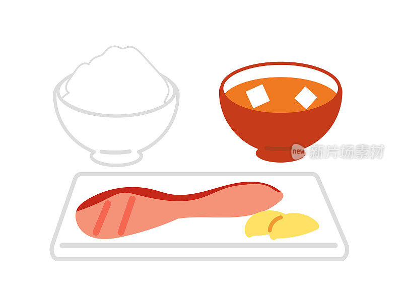 插图的日本食物与米饭，味增汤和烤鲑鱼