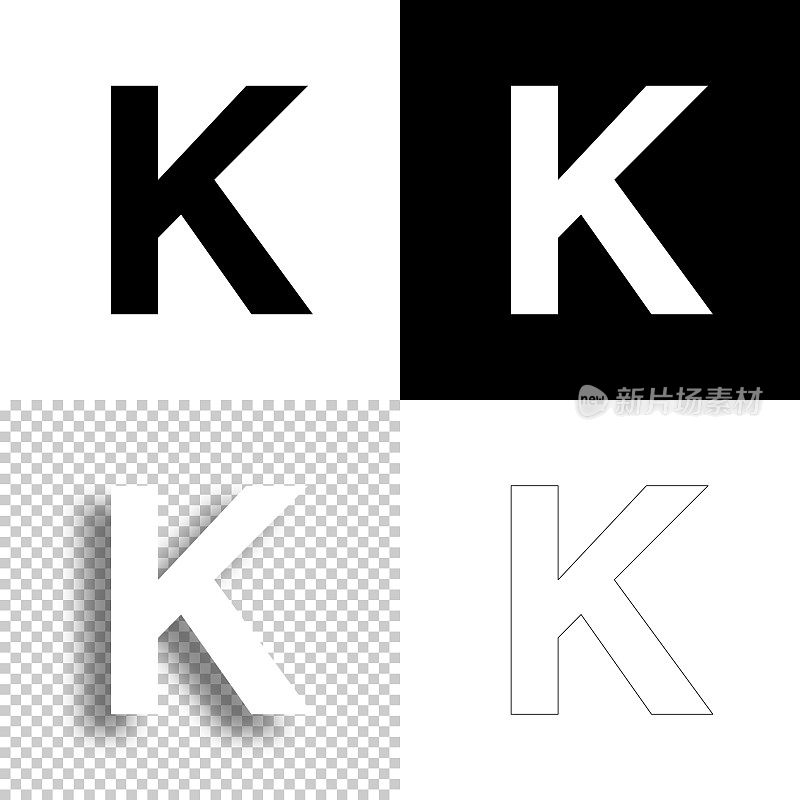 字母k图标设计。空白，白色和黑色背景-线图标