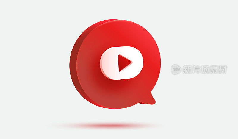 红色消息气泡与播放视频按钮三维矢量图标。媒体播放器符号或订阅符号