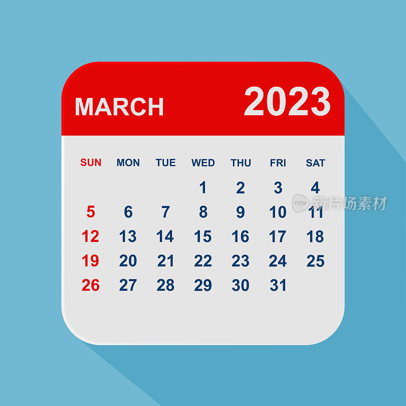 2023年3月月历叶。一周从周日开始。业务矢量图