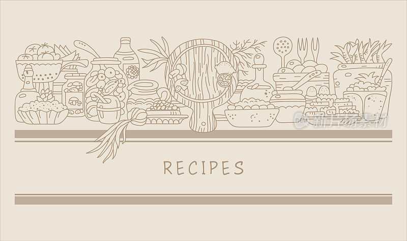食品设计模板的食谱，餐厅菜单或食谱横幅。开胃菜和沙拉手绘复古风格。