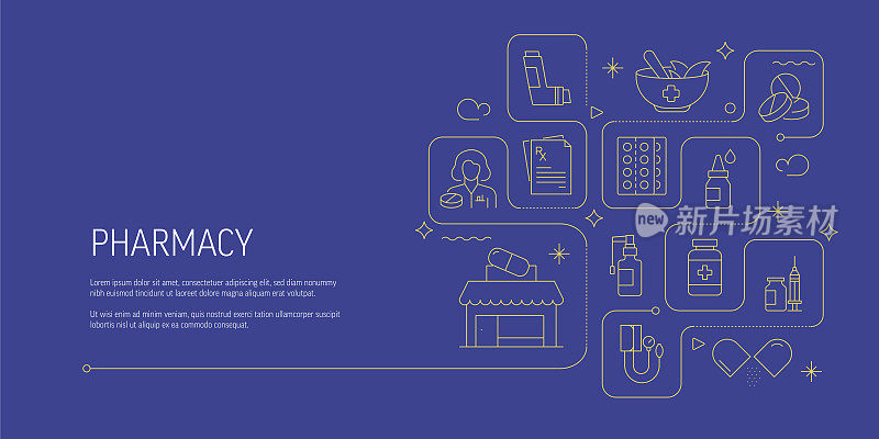 药房相关矢量横幅设计概念，现代线条风格与图标