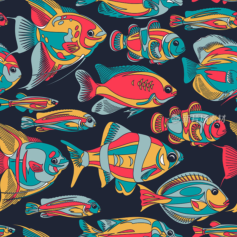 无缝图案与颜色鱼孤立在黑色背景。