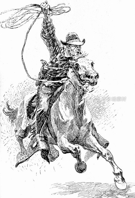 野牛比尔骑着马，挥舞着套索，正面图