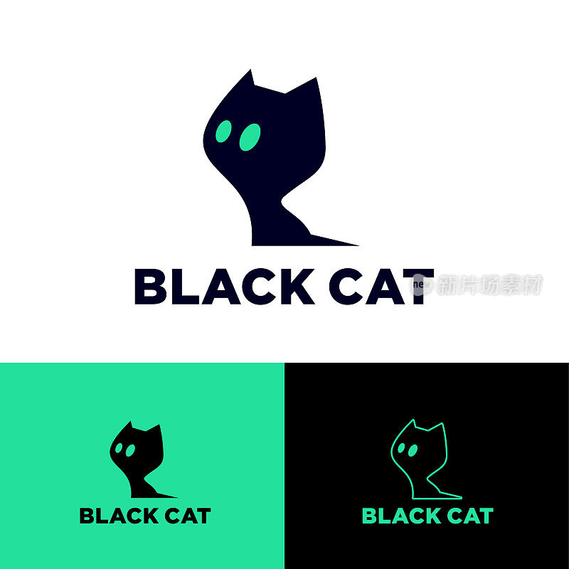 黑猫图标，猫的护理和繁殖。兽医服务及宠物用品。一只长着绿眼睛的黑猫的剪影。的身份。